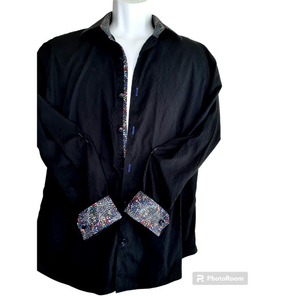 Jared Lang Button Up Shirt Mens L Large Black Geometric Flip Cuff Long Sleeves - Picture 2 of 9